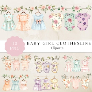 Clipart di stendibiancheria per bambine, decorazioni carine per la cameretta dei bambini, baby shower png, vestiti per bambini ad acquerello, baby shower art, download digitale per bambini