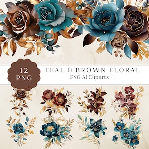 Clipart floral azul-petróleo e marrom, flores em aquarela PNG, elementos de flores marrons, perfeito para casamentos, aquarela PNG para artesanato, casamento Png