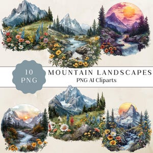 Clipart aquarelle paysage de montagne, graphiques de paysage aquarelle, clipart chaîne de montagnes, paysages Nature, clipart Nature pour projet de bricolage