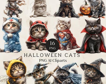 Cute Halloween Cat Clipart, Spooky PNG Graphics (Digital Download)