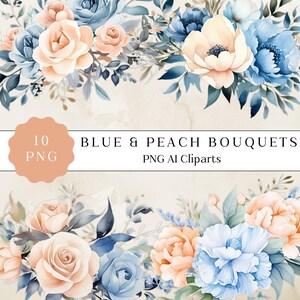 Clipart di bouquet floreale blu e pesca, Clipart digitale - Clipart di fiori ad acquerello, Invito di nozze, Composizioni di bouquet, Uso commerciale