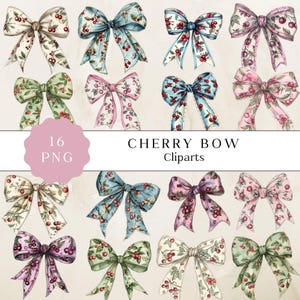 Watercolor Cherry Bow Clipart, Aesthetic Bow PNG (Digital Download)
