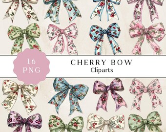 Watercolor Cherry Bow Clipart, Aesthetic Bow PNG (Digital Download)