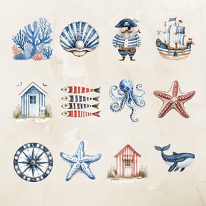 This set of 28 watercolor nautical cliparts features elements like anchors, sailboats, lighthouses, seashells, compasses, and starfish. Perfect for adding coastal charm to any design project, from scrapbooking and invitations to digital artwork. The soft, soothing colors and intricate details bring an ocean-inspired feel to your creations, making them ideal for both personal and commercial use.