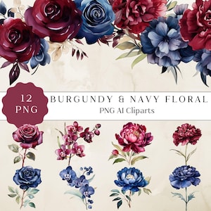 Burgundy Navy Floral Clipart, Watercolor Flowers for Wedding Invitations, DIY Wedding Decor, rustic wedding bouquets, Instant Download