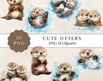 Cute Otter Watercolor Clipart, Cute Baby Otter Graphics, Sea Otter Watercolor Clipart, Nursery Wall Art, Digital Download for Baby Shower