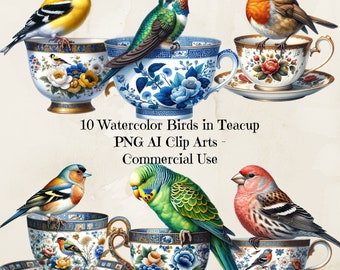 Watercolor Birds in Teacup Clipart, Printable PNG Graphics (Digital Download)