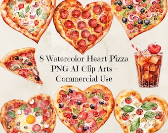 Watercolor Heart Pizza Clipart, Valentine PNG Files (Digital Download)