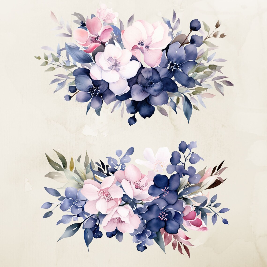 Navy and Pink Floral Watercolor Clipart, Flower Bouquet (PNG) - Etsy