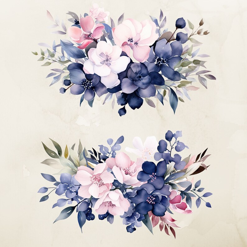 Navy and Pink Floral Watercolor Clipart, Flower Bouquet (PNG) - Etsy