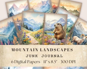 Watercolor Mountains Junk Journal Printable Pages, Forest Scrapbook Paper, Hiking Journal, Digital Download, Landscape Art, Nature Art
