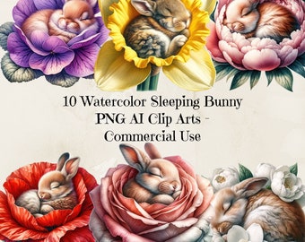 Watercolor Sleeping Bunny Clipart, Nursery Art (PNG, Commercial Use)