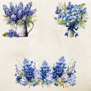 May include: A watercolor painting of blue flowers in a vintage watering can, a bouquet of blue flowers with a blue ribbon, and a border of blue flowers.