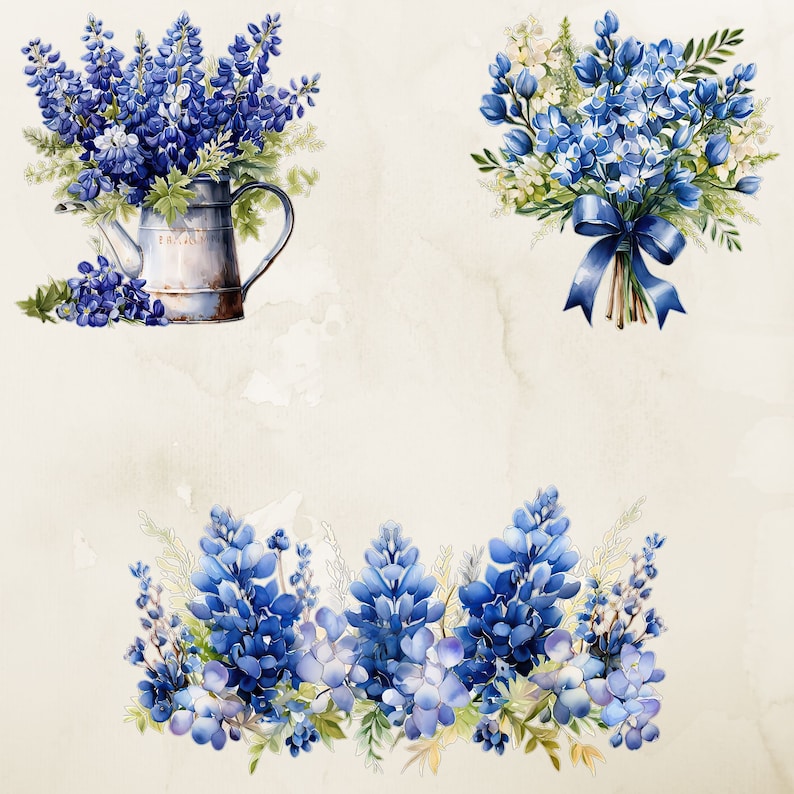 May include: A watercolor painting of blue flowers in a vintage watering can, a bouquet of blue flowers with a blue ribbon, and a border of blue flowers.
