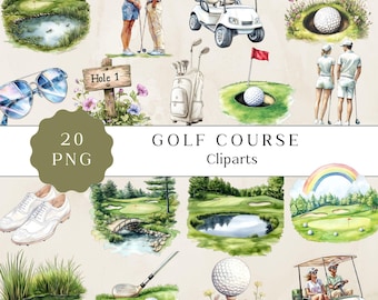 Imágenes prediseñadas de acuarela de campo de golf, paquete de imágenes prediseñadas doradas, imágenes prediseñadas de deportes, carrito de golf PNG, arte de palo de golf, descarga digital, golf PNG