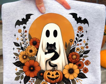 Duch z kotem PNG, słodka, upiorna grafika z kotem, Halloweenowe pobieranie cyfrowe, Clipart dla miłośników kotów, Zabawny projekt na Halloween, Dekoracje na Halloween
