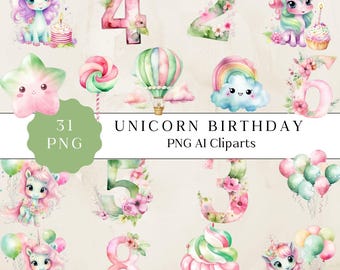 Watercolor Unicorn Clipart, Rainbow Birthday PNG (Digital Download, 31 Files)