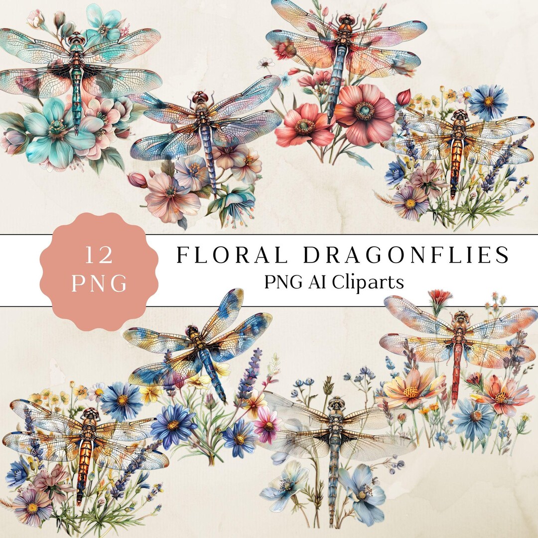 Watercolor Dragonfly Floral Clipart Sublimations Bundle, Insect PNG ...