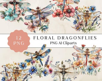 Watercolor Dragonfly Floral Clipart Sublimations Bundle, Insect PNG Clipart, Decorative Collection, Dragonflies Card Making Invitation PNG