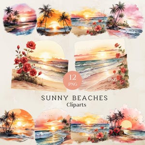 Sunny Beach Clipart, Watercolor Sunny Beach Png Graphics, Sunny Beach Clip Art, Tropical Beach Illustrations, Card Making, Junk Journal