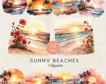 Watercolor Sunny Beach Clipart, Tropical Illustrations (PNG, 12 Files)