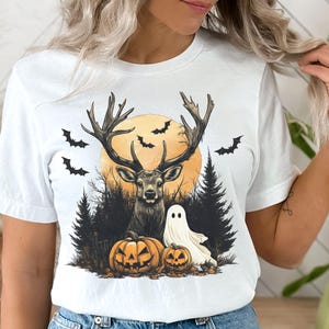 Cerf d&#39;Halloween PNG, effrayant Buck Clipart avec des citrouilles, Design rustique en sublimation d&#39;automne pour une décoration de chasse, chasse d&#39;Halloween Png