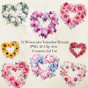 Clipart de Coroa de Coração, Coroa de Dia dos Namorados, Flores Românticas, Coração de Dia dos Namorados, Dia dos Namorados, Clipart de Amor, Uso Comercial, Download Instantâneo