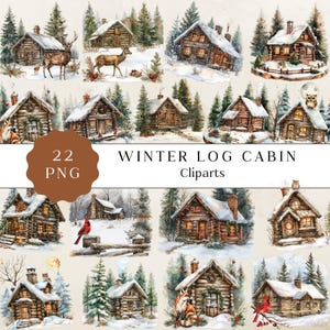 冬の丸太小屋のクリップアート、クリスマス小屋のクリップアート、雪の降る丸太小屋、高品質の PNG、雪景色のクリップアート、カード作成、ジャンクジャーナル