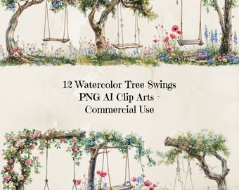 Watercolor Tree Swing Clipart, Floral Swing, Garden Swing Clipart, Tree Swings Png, Printable Watercolor Clipart, Card Making, Scrapbookings