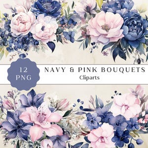 Paquete de imágenes prediseñadas de acuarela floral azul marino y rosa, ramo de flores azul marino y rubor, imágenes prediseñadas para uso comercial, PNG transparentes, invitación de boda