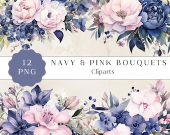 Navy and Pink Floral Watercolor Clipart, Flower Bouquet (PNG)