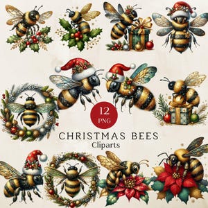 Clipart abeille de Noël, Clipart Png abeille mignonne, Clipart abeille numérique, fabrication de cartes, graphiques Png abeille, téléchargement immédiat, usage commercial, 300 dpi