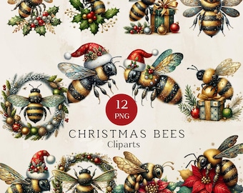 Christmas Bee Clipart, Holiday PNG Graphics (Digital Download)