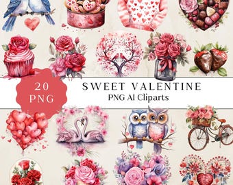 May include: A set of 20 Valentine's Day themed digital clipart images. The images include hearts, flowers, owls, swans, cupcakes, a bicycle, a tree, a sweater, a box of chocolates, and a box of cookies. The images are in a watercolor style and are perfect for creating cards, invitations, and other crafts.