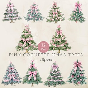 Clipart albero di Natale fiocco rosa, PNG albero di Natale con fiocchi rosa, alberi di Natale rosa vintage, fiocchi Coquette Png, carina arte natalizia rosa