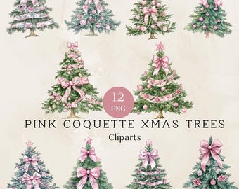 Set di clipart PNG con fiocco rosa e albero di Natale, stile civettuolo (download digitale)