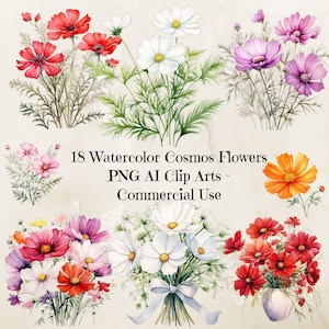 Peut inclure: 18 Fleurs de Cosmos Aquarelle PNG AI Clip Arts - Utilisation Commerciale. Un ensemble de 18 fleurs de cosmos aquarelle dans différentes couleurs, notamment rose, blanc, rouge, orange et violet. Les fleurs sont disposées en bouquets et en tiges individuelles.