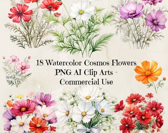 Watercolor Cosmos Flower Clipart, Floral Wedding Invitation (PNG, Digital Download)