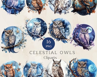 Celestial Owls Watercolor Clipart, Mystical Owl, Magical Owl Sublimation, Celestial Graphics, Mystical Owls, Celestial Owl Png, 300dpi
