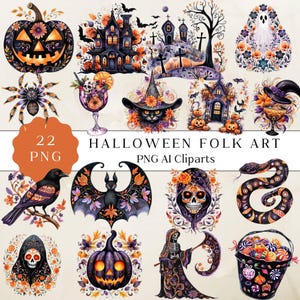 Clipart di Halloween di arte popolare, Clipart di Halloween scandinavo, Illustrazioni di arte popolare di Halloween, Grafica PNG di Halloween, Clip Art di Halloween