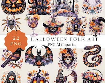 Puede incluir: Una colección de 22 imágenes prediseñadas PNG con temática de Halloween. Las ilustraciones presentan calabazas, casas embrujadas, murciélagos, gatos con sombreros de bruja, arañas, fantasmas y una calavera de azúcar, todo en un estilo de arte popular con colores naranja, morado y negro. Texto: "HALLOWEEN FOLK ART PNG AI Cliparts."