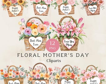 Clipart floral del Día de la Madre, cesta de flores PNG (descarga digital)