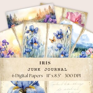 Iris Junk Journal imprimable Pages, pages numériques florales vintage pour le scrapbooking et l&#39;artisanat, Junk Journal en téléchargement numérique