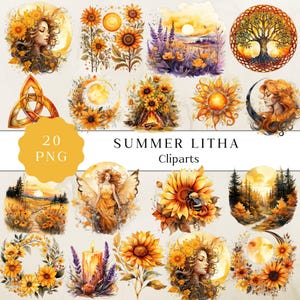 Watercolor Litha Clipart PNG Set, Floral Pagan Holiday Wiccan Art Illustrations Clip art, Summer Soltice Png, Litha Sun Goddess Sublimation