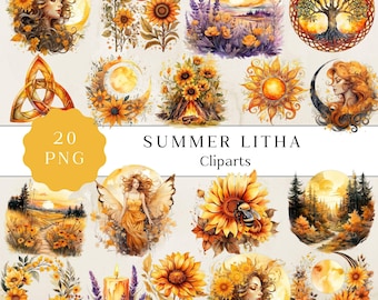 Watercolor Litha Clipart PNG Set, Summer Solstice Illustrations (Digital Download)