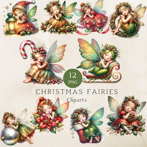 Christmas Fairy Clipart Bundle, Cute Christmas Fairy Clipart, 12 High-Quality Designs for Holiday Crafts, Instant Download, Commercial Use