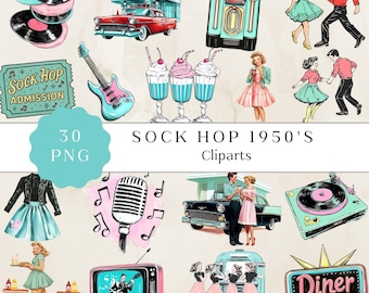 May include: A set of 30 digital clipart images in PNG format featuring a sock hop theme from the 1950s. The images include a diner, a jukebox, a microphone, a record player, a guitar, a milkshake, a ticket, a car, and dancing couples.