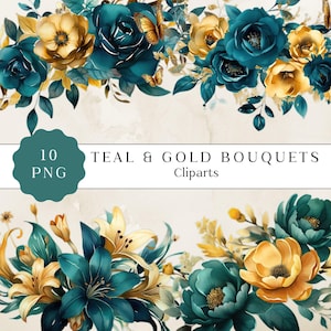 Clipart floral bleu sarcelle et or, floral bleu sarcelle d'or, roses d'or bleu sarcelle, roses de paillettes d'or, conception de sublimation, téléchargement immédiat, usage commercial