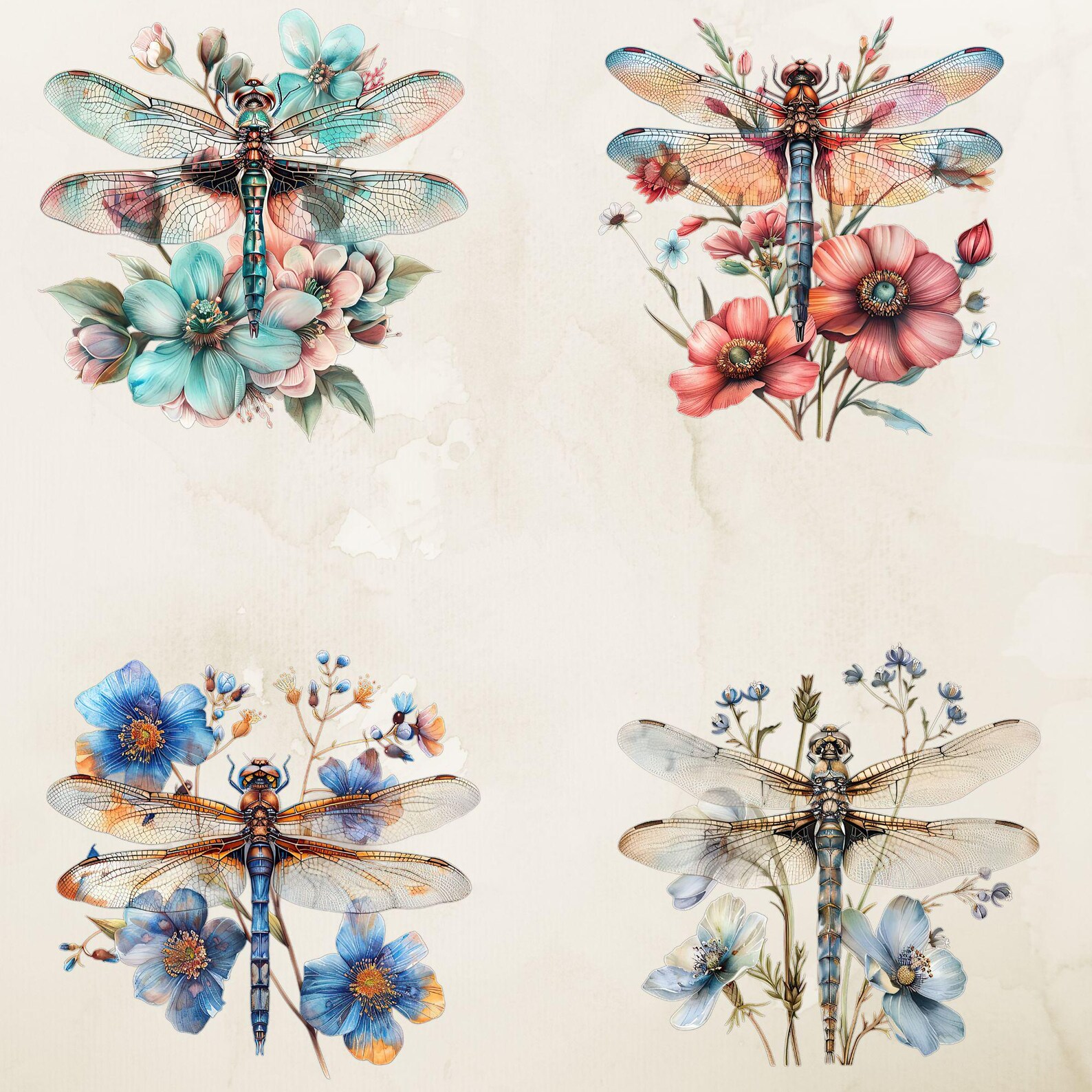 Watercolor Dragonfly Floral Clipart Sublimations Bundle, Insect PNG ...