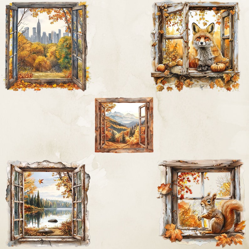 Fall Window Print Autumn Window Clipart, Fall Scene PNG, Junk Journal (digital Download ...
